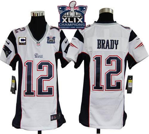 Nike Patriots 12 Brady White With C Patch 2015 Super Bowl XLIX Champions Youth Game Jerseys