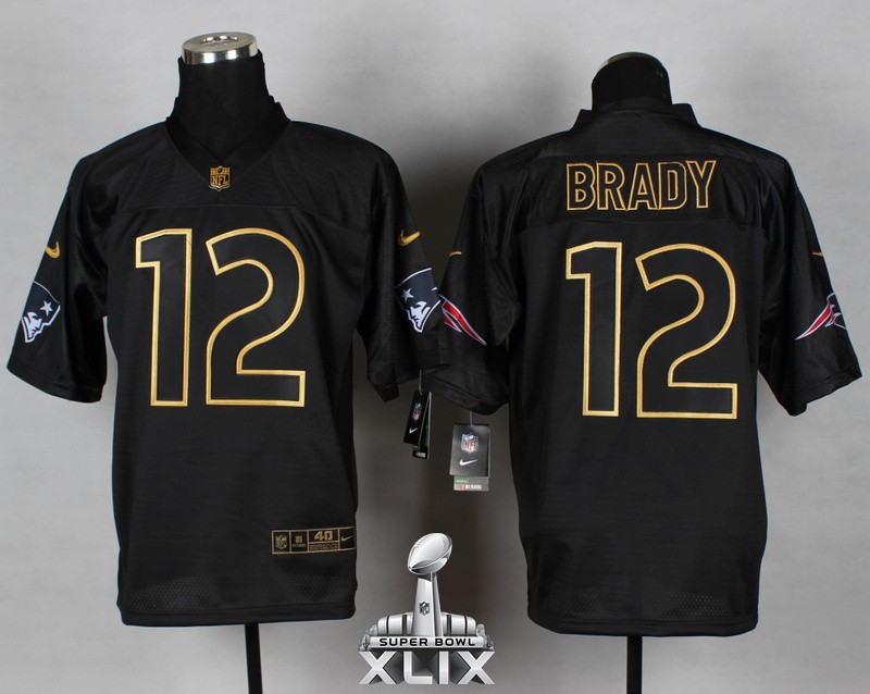 Nike Patriots 12 Brady Black 2014 Pro Gold Lettering Fashion Elite 2015 Super Bowl XLIX Jerseys
