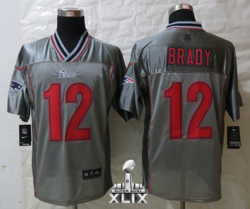 Nike Patriots 12 Brady Grey Vapor Elite 2015 Super Bowl XLIX Jerseys