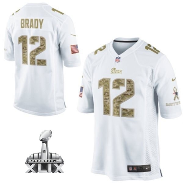 Nike Patriots 12 Brady Salute To Service White Game 2015 Super Bowl XLIX Jerseys