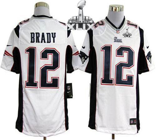 Nike Patriots 12 Brady White Game 2015 Super Bowl XLIX Jerseys
