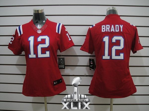 Nike Patriots 12 Brady Red Women Limited 2015 Super Bowl XLIX Jerseys
