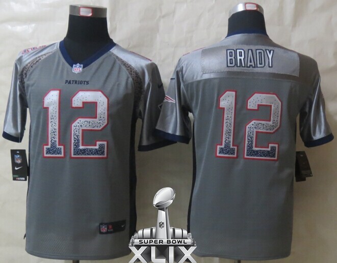 Nike Patriots 12 Brady Grey Drift 2015 Super Bowl XLIX Youth Jerseys