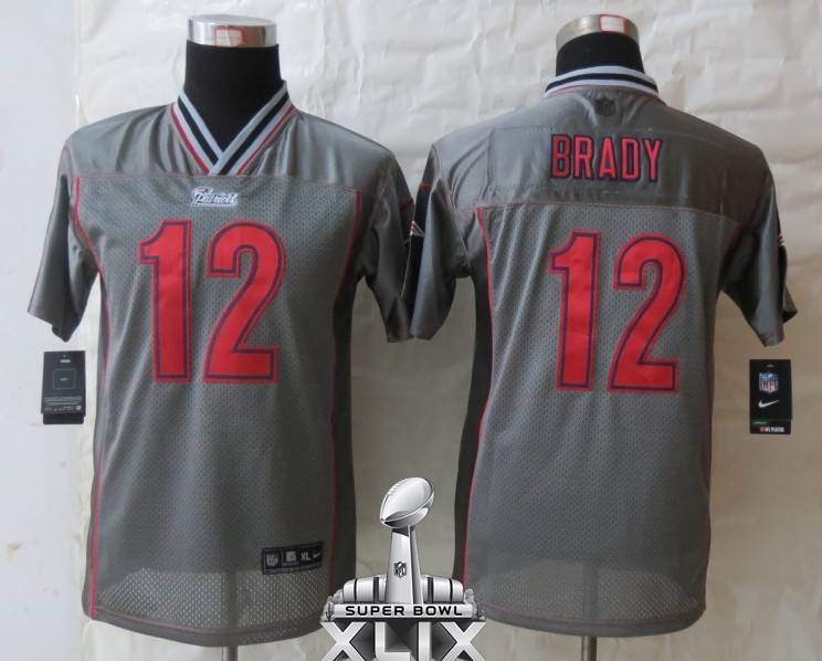 Nike Patriots 12 Brady Grey Vapor 2015 Super Bowl XLIX Youth Jerseys - Click Image to Close