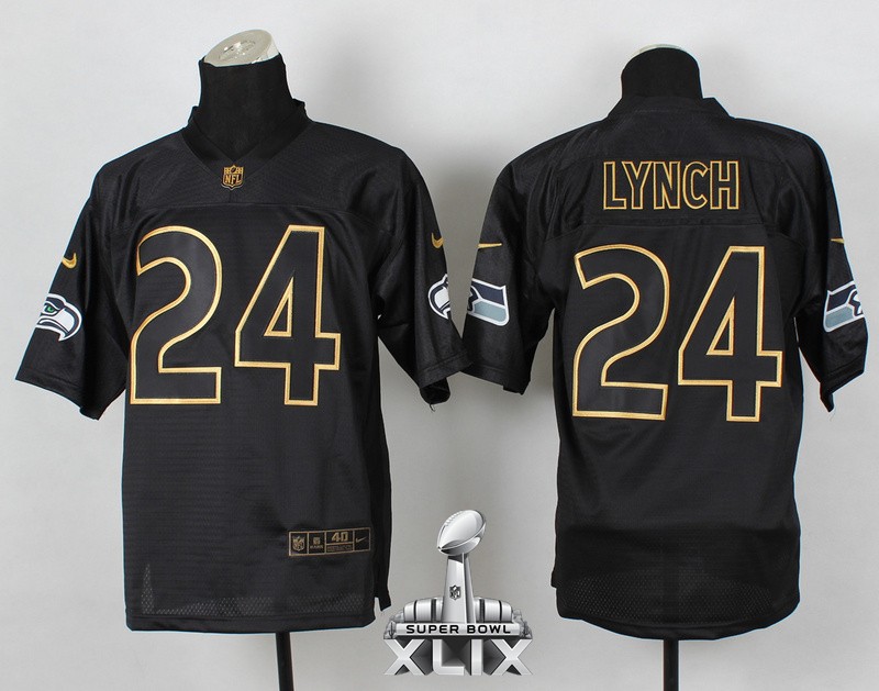 Nike Seahawks 24 Lynch Black 2014 Pro Gold Lettering Fashion Elite 2015 Super Bowl XLIX Jerseys