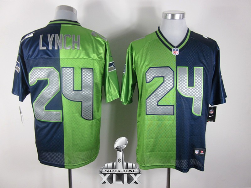 Nike Seahawks 24 Lynch Blue And Green Split Elite 2015 Super Bowl XLIX Jerseys