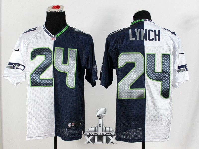 Nike Seahawks 24 Lynch White And Blue Split Elite 2015 Super Bowl XLIX Jerseys