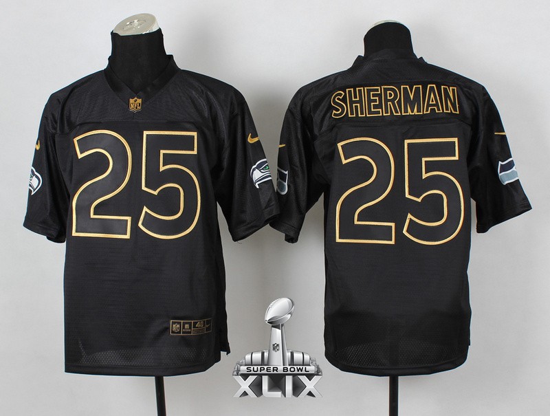 Nike Seahawks 25 Sherman Black 2014 Pro Gold Lettering Fashion Elite 2015 Super Bowl XLIX Jerseys