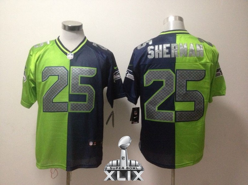 Nike Seahawks 25 Sherman Blue And Green Split Elite 2015 Super Bowl XLIX Jerseys
