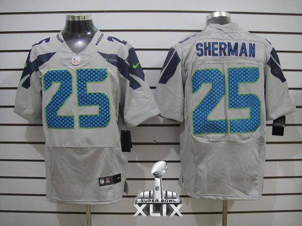 Nike Seahawks 25 Sherman Grey Elite 2015 Super Bowl XLIX Jerseys