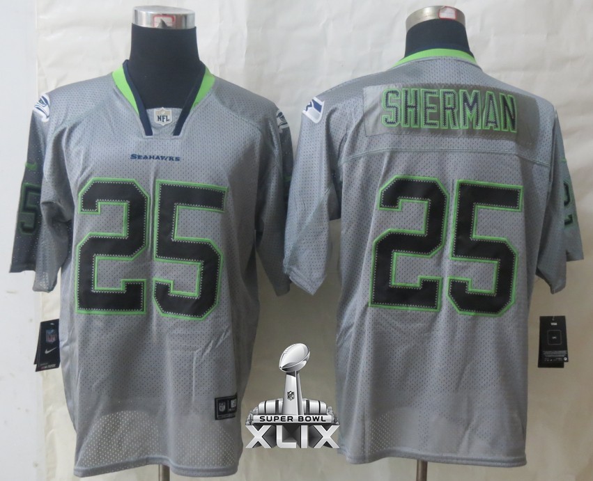 Nike Seahawks 25 Sherman New Lights Out Grey Elite 2015 Super Bowl XLIX Jerseys