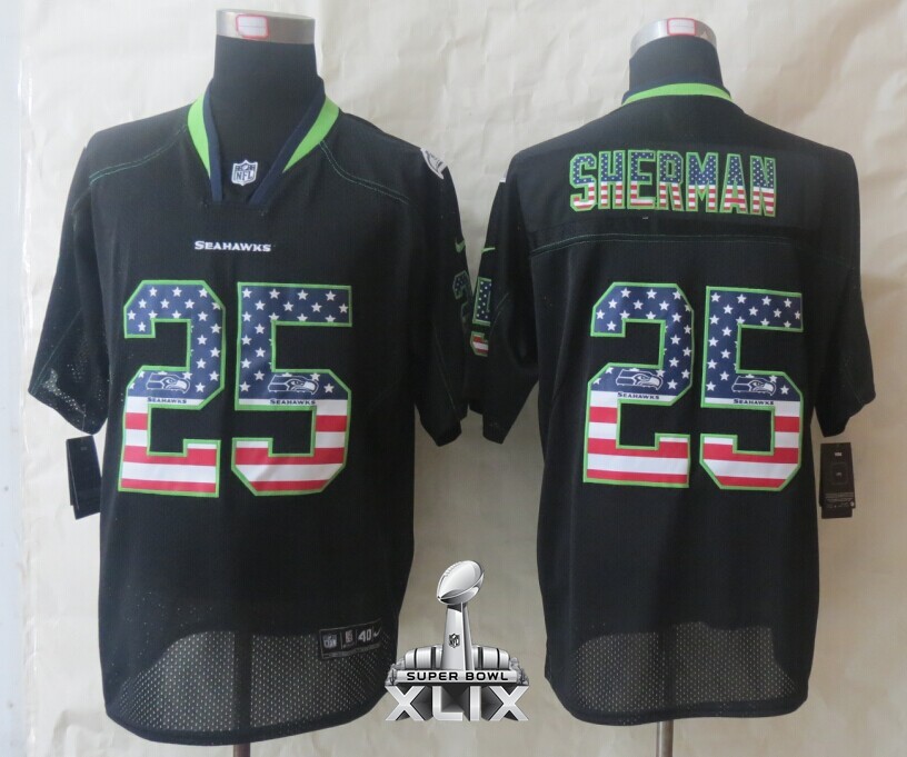 Nike Seahawks 25 Sherman USA Flag Fashion Black Elite 2015 Super Bowl XLIX Jerseys
