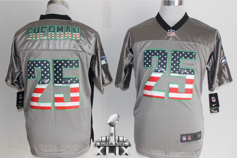Nike Seahawks 25 Sherman USA Flag Fashion Grey Shadow Elite 2015 Super Bowl XLIX Jerseys