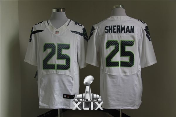 Nike Seahawks 25 Sherman White Elite 2015 Super Bowl XLIX Jerseys