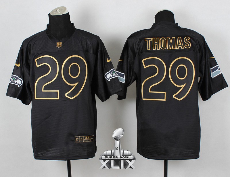 Nike Seahawks 29 Thomas Black 2014 Pro Gold Lettering Fashion Elite 2015 Super Bowl XLIX Jerseys