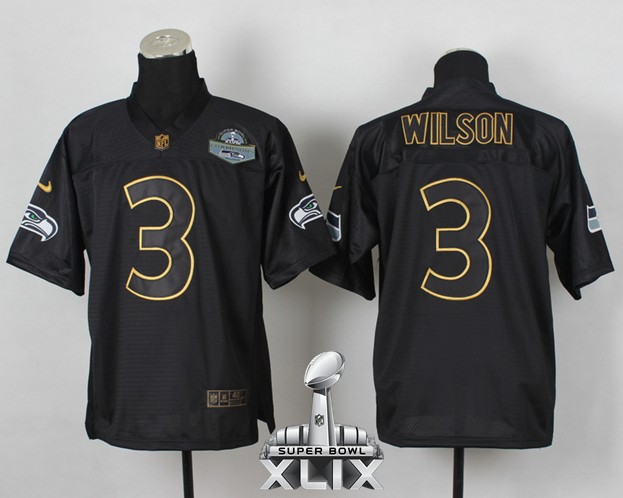 Nike Seahawks 3 Wilson Black 2014 Pro Gold Lettering Fashion Elite 2015 Super Bowl XLIX Jerseys