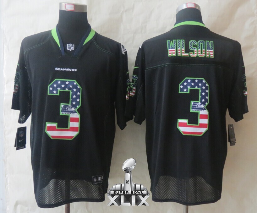 Nike Seahawks 3 Wilson USA Flag Fashion Black Elite 2015 Super Bowl XLIX Jerseys