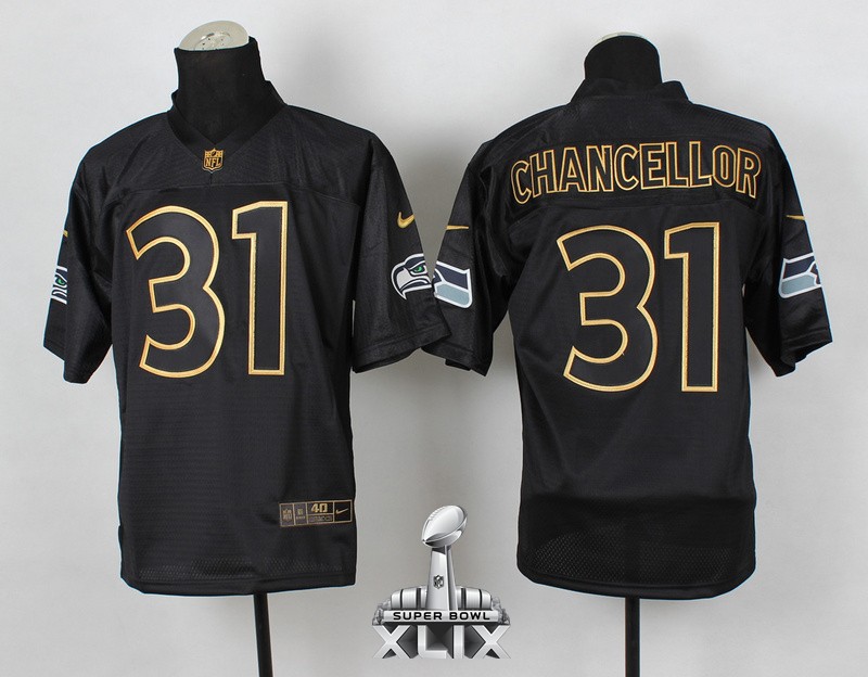 Nike Seahawks 31 Chancellor Black 2014 Pro Gold Lettering Fashion Elite 2015 Super Bowl XLIX Jerseys