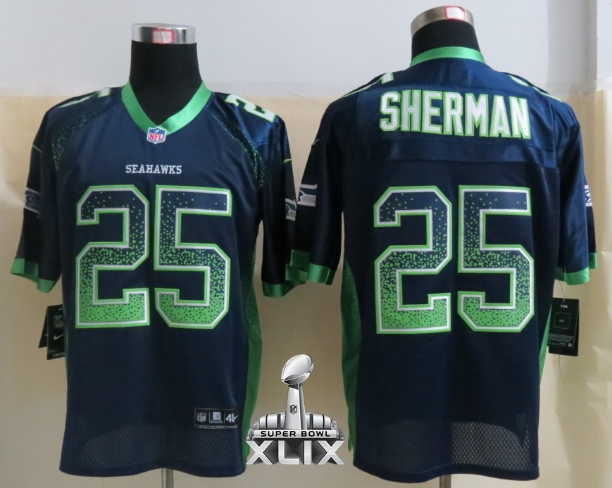 Nike Seahawks 25 Sherman Drift Fashion Blue Elite 2015 Super Bowl XLIX Jerseys