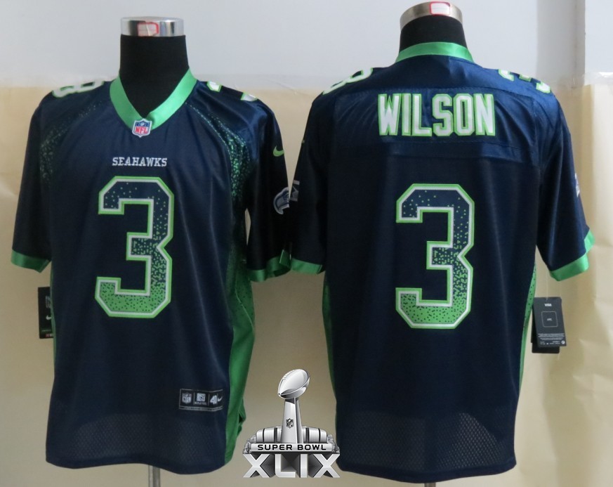Nike Seahawks 3 Wilson Drift Fashion Blue Elite 2015 Super Bowl XLIX Jerseys