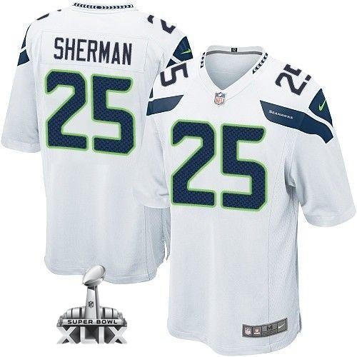 Nike Seahawks 25 Sherman White Game 2015 Super Bowl XLIX Jerseys