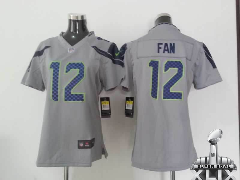 Nike Seahawks 12 Fan Grey Women Game 2015 Super Bowl XLIX Jerseys
