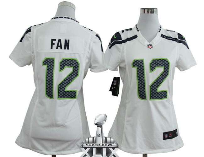 Nike Seahawks 12 Fan White Women Game 2015 Super Bowl XLIX Jerseys