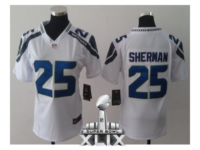 Nike Seahawks 25 Sherman White Women Game 2015 Super Bowl XLIX Jerseys