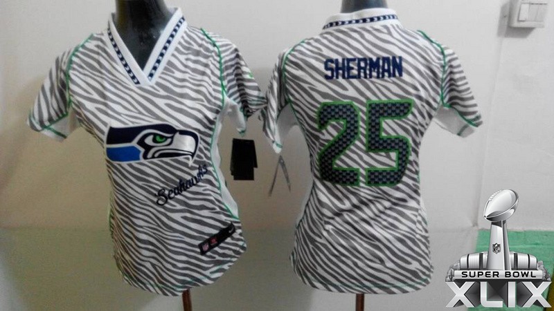 Nike Seahawks 25 Sherman Women Zebra 2015 Super Bowl XLIX Jerseys - Click Image to Close