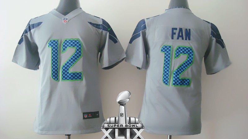 Nike Seahawks 12 Fan Grey Youth Game 2015 Super Bowl XLIX Jerseys