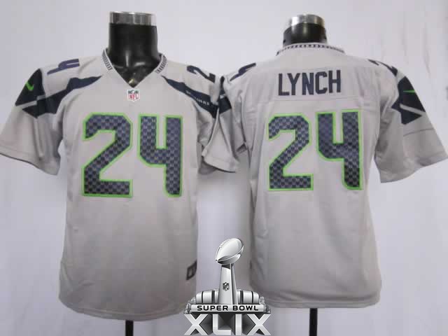 Nike Seahawks 24 Lynch Grey Youth Game 2015 Super Bowl XLIX Jerseys