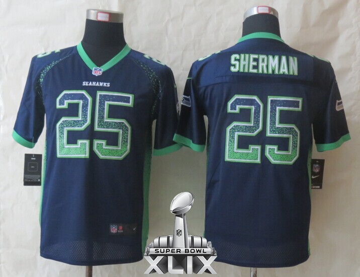 Nike Seahawks 25 Sherman Drift Fashion Blue Youth 2015 Super Bowl XLIX Jerseys