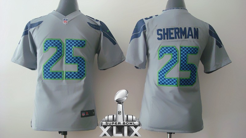 Nike Seahawks 25 Sherman Grey Youth Game 2015 Super Bowl XLIX Jerseys