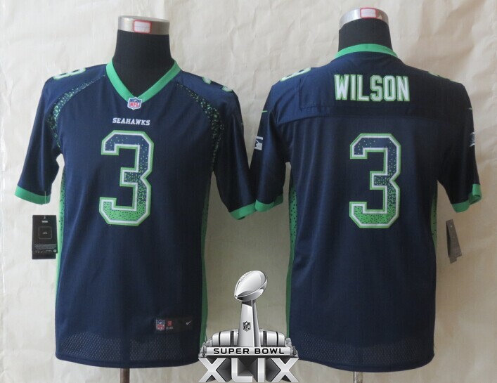 Nike Seahawks 3 Wilson Drift Blue Elite Youth 2015 Super Bowl XLIX Jerseys
