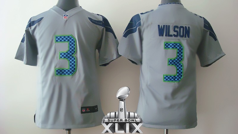 Nike Seahawks 3 Wilson Grey Youth Game 2015 Super Bowl XLIX Jerseys
