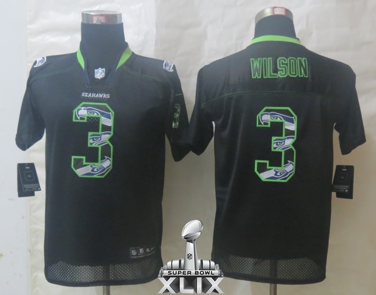 Nike Seahawks 3 Wilson Lights Out Black Elite Youth 2015 Super Bowl XLIX Jerseys