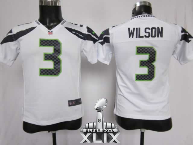 Nike Seahawks 3 Wilson White Youth Game 2015 Super Bowl XLIX Jerseys