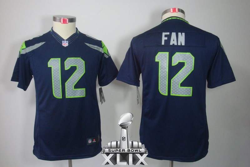Nike Seahawks 12 Fan Blue Youth Limited 2015 Super Bowl XLIX Jerseys