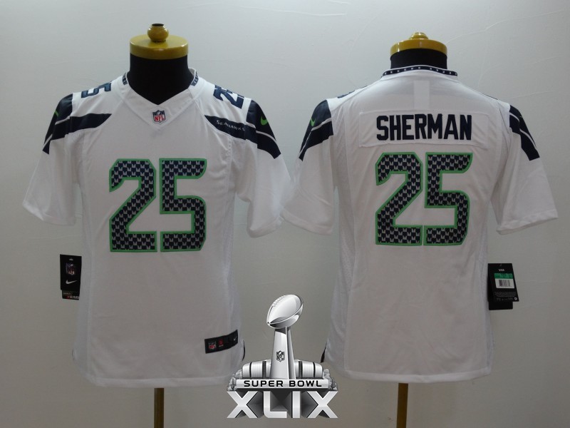Nike Seahawks 25 Sherman White Youth Limited 2015 Super Bowl XLIX Jerseys