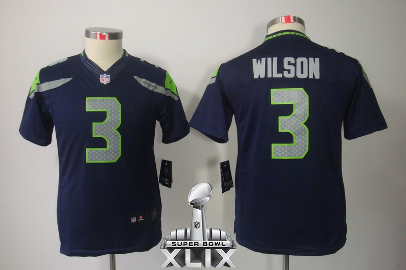 Nike Seahawks 3 Wilson Blue Youth Limited 2015 Super Bowl XLIX Jerseys