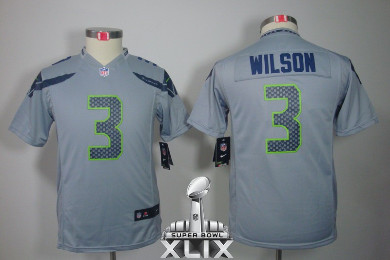 Nike Seahawks 3 Wilson Grey Youth Limited 2015 Super Bowl XLIX Jerseys