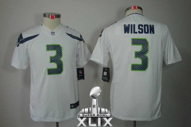 Nike Seahawks 3 Wilson White Youth Limited 2015 Super Bowl XLIX Jerseys