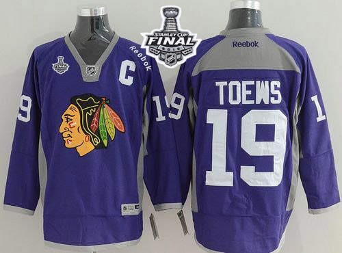 Blackhawks 19 Jonathan Toews Purple Practice 2015 Stanley Cup Jersey - Click Image to Close