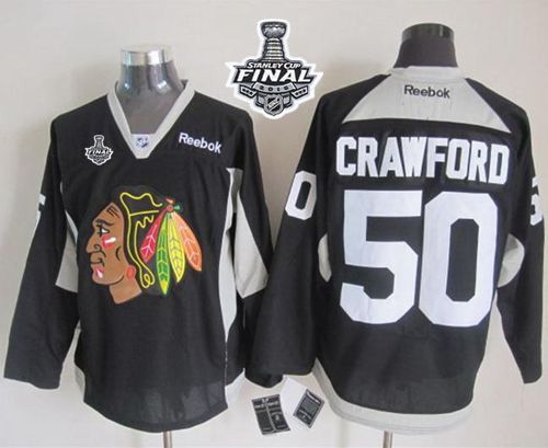 Blackhawks 50 Corey Crawford Black Practice 2015 Stanley Cup Jersey