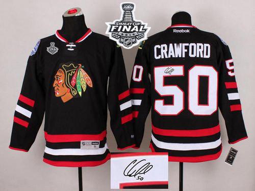 Blackhawks 50 Corey Crawford Black Signature Edition 2015 Stanley Cup Jersey