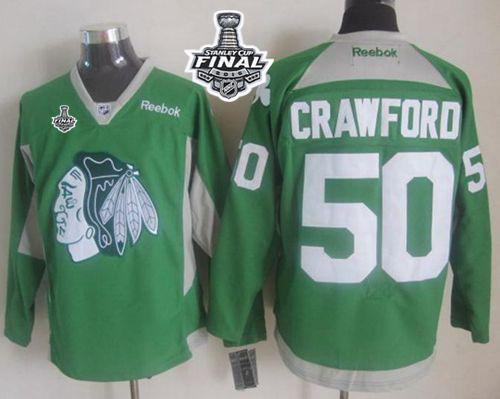 Blackhawks 50 Corey Crawford Green Practice 2015 Stanley Cup Jersey - Click Image to Close