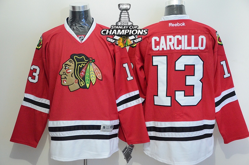 Blackhawks 13 Carcillo Red 2015 Stanley Cup Champions Jersey