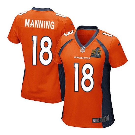 Nike Broncos 18 Peyton Manning Orange Women Super Bowl 50 Game Jersey