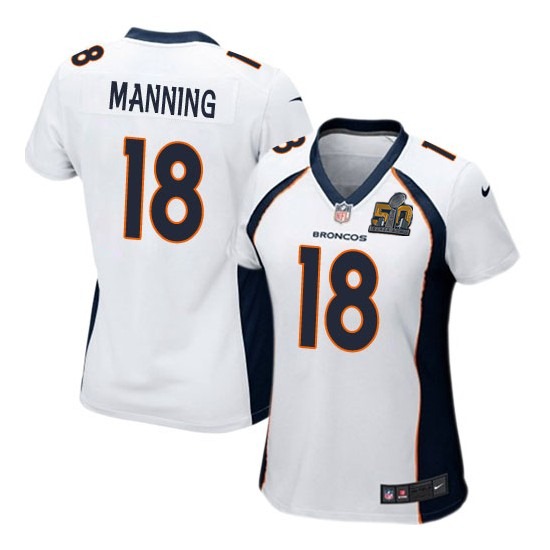 Nike Broncos 18 Peyton Manning White Women Super Bowl 50 Game Jersey - Click Image to Close