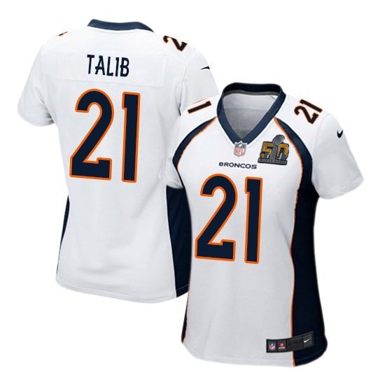 Nike Broncos 21 Aqib Talib White Women Super Bowl 50 Game Jersey